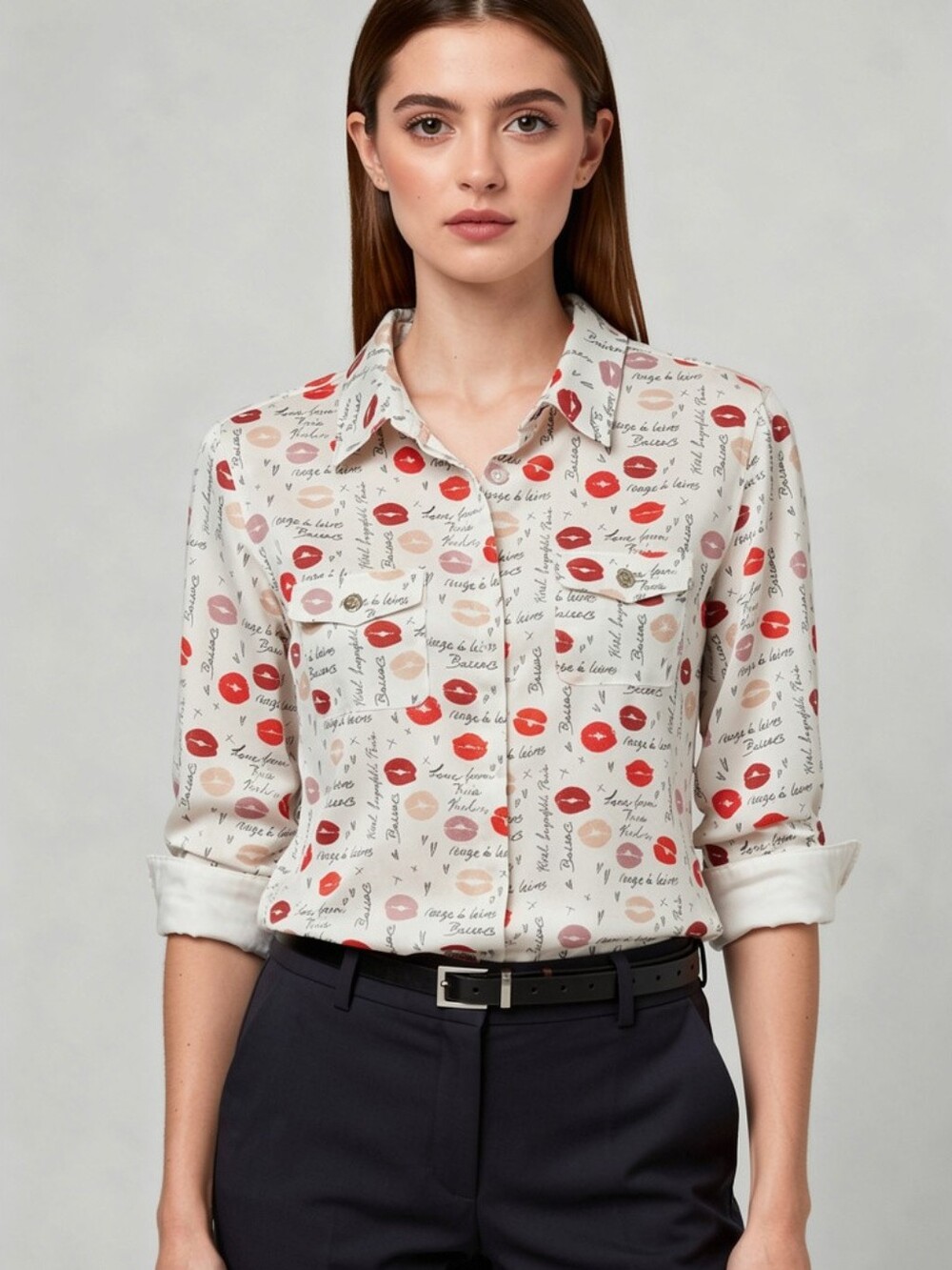 Karl Lagerfeld White Button-Down Shirt with Red & Blush Lip Print